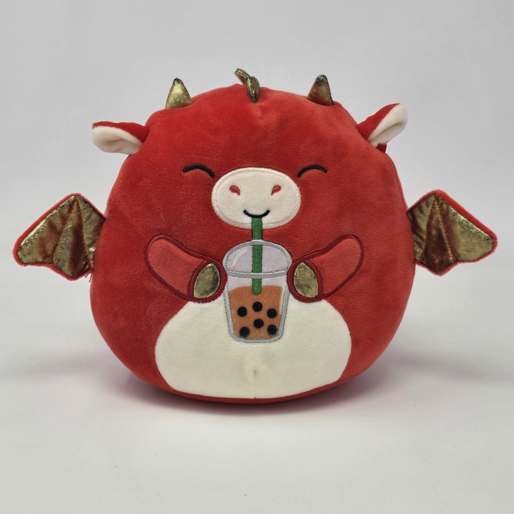 Squishmallows Boba Red Dragon Plush 8" Kellytoy Bubble Tea Stuffed Animal Gold H